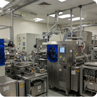 Row of automated production machinery in a modern factory